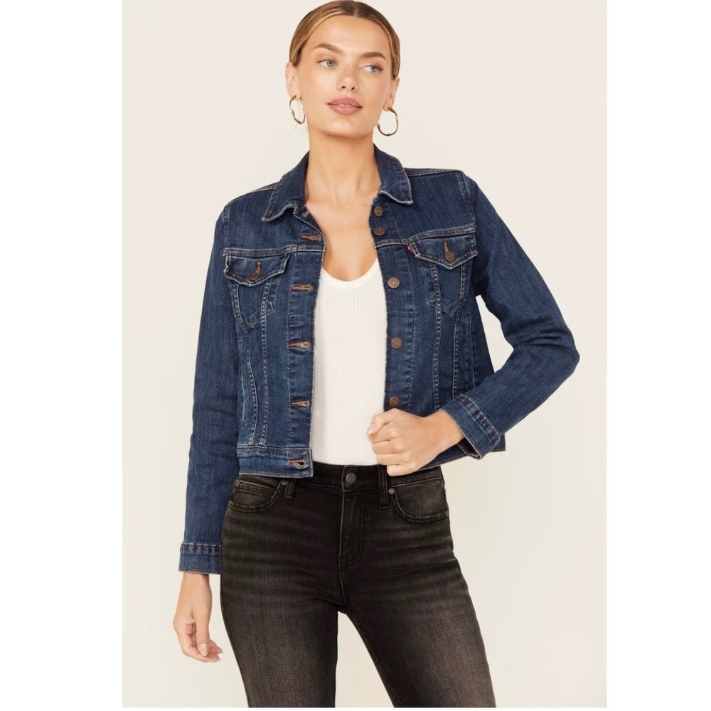 Levi's Trucker Jacket Women JR Small Blue Denim Y2K Cropped Stretch‎ Jean Jacket